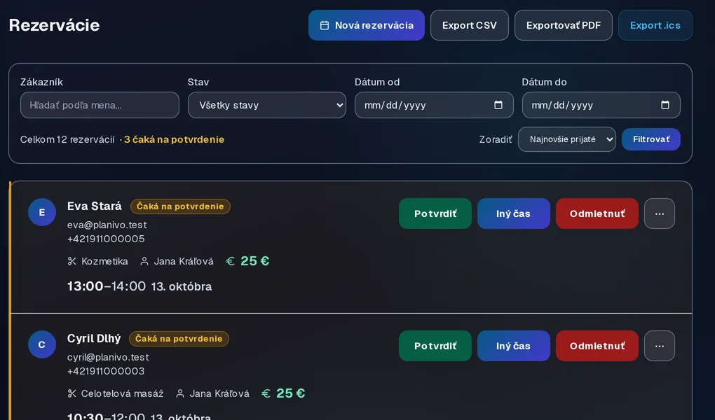 Rezervácie v Planive: zoznam termínov s tlačidlami Potvrdiť, Iný čas a Odmietnuť